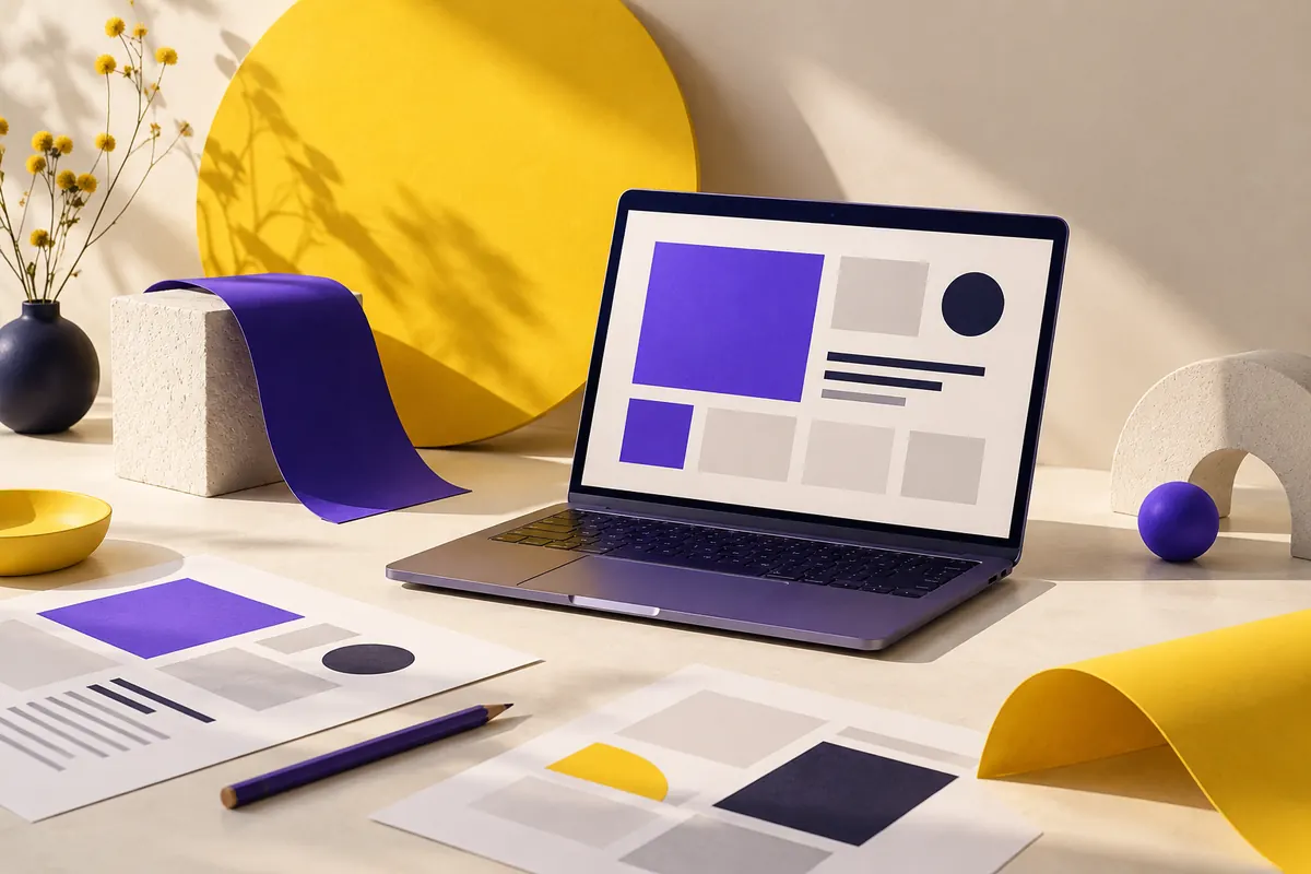 Illustration de création web : ordinateur, maquettes et formes de papier jaunes et violettes.
